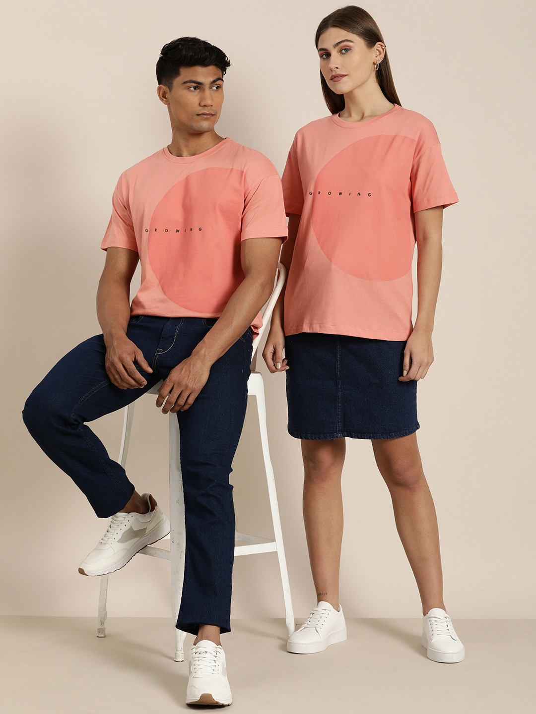 

ether Unisex Peach-Coloured Printed Drop-Shoulder Sleeves T-shirt