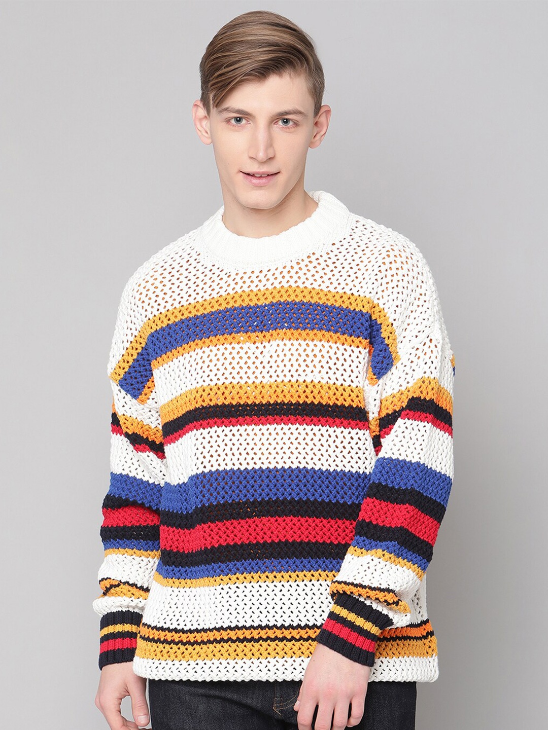 

GANT Men Cream-Coloured & Yellow Striped Cotton Pullover