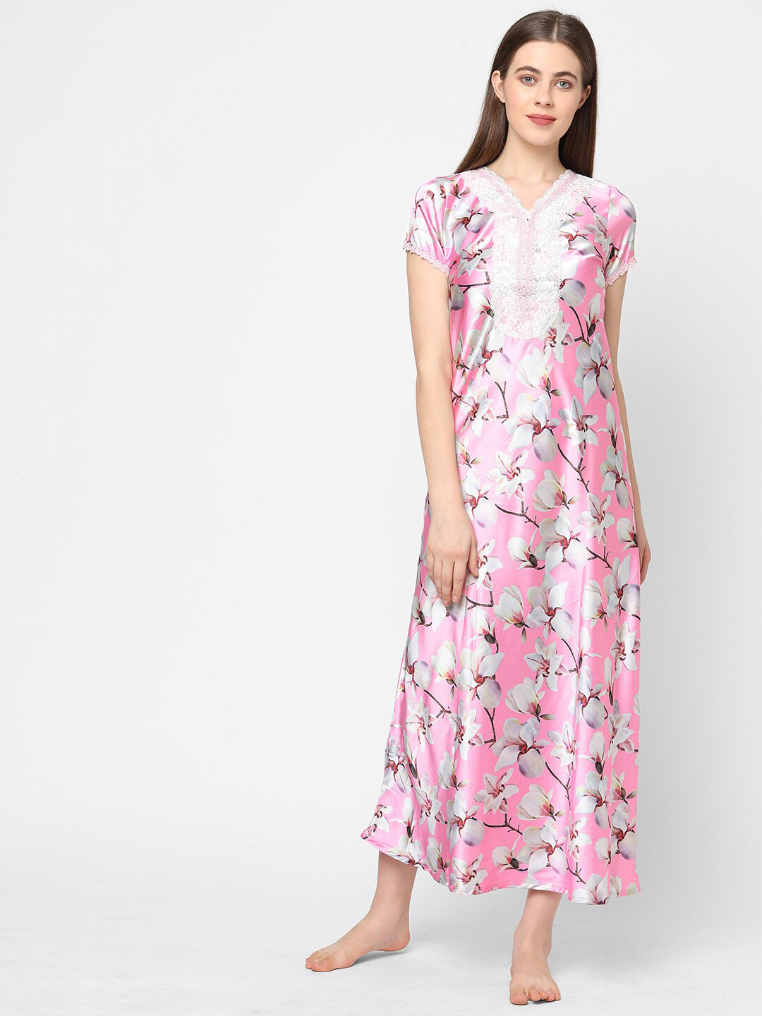 

Sweet Dreams Pink & Grey Floral Printed Satin Maxi Nightdress