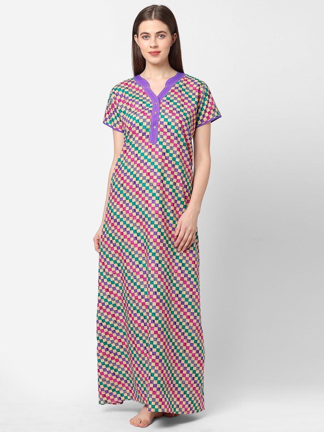 

Sweet Dreams Women Purple Checked Maxi Nightdress