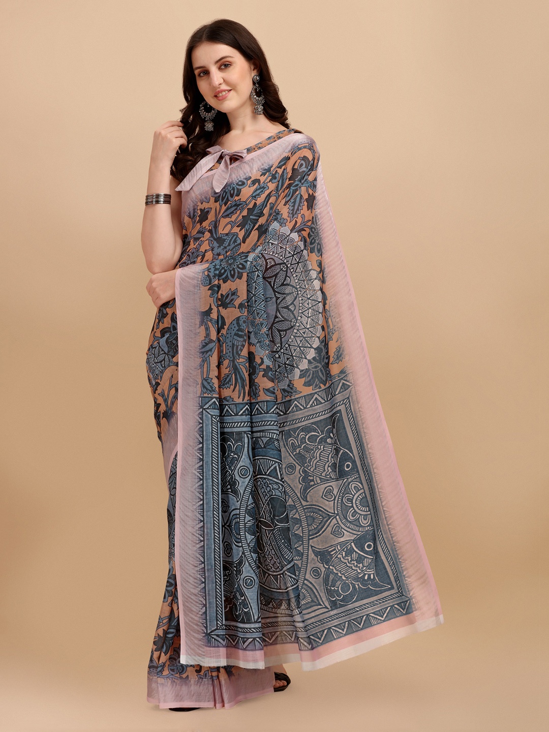 

Mitera Grey & Tan Floral Linen Blend Block Print Saree