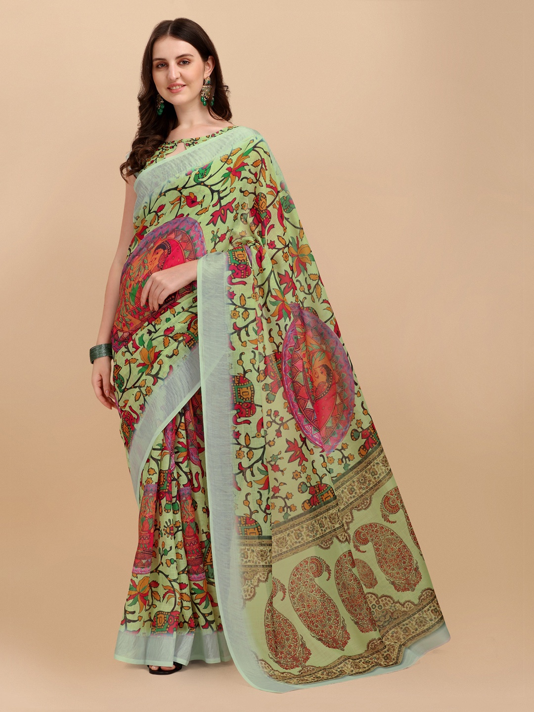 

Mitera Green & Red Ethnic Motifs Linen Blend Block Print Saree