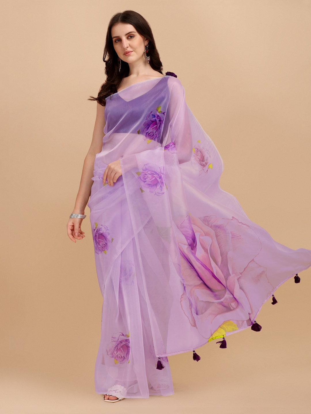 

Mitera Purple & Yellow Floral Organza Block Print Saree