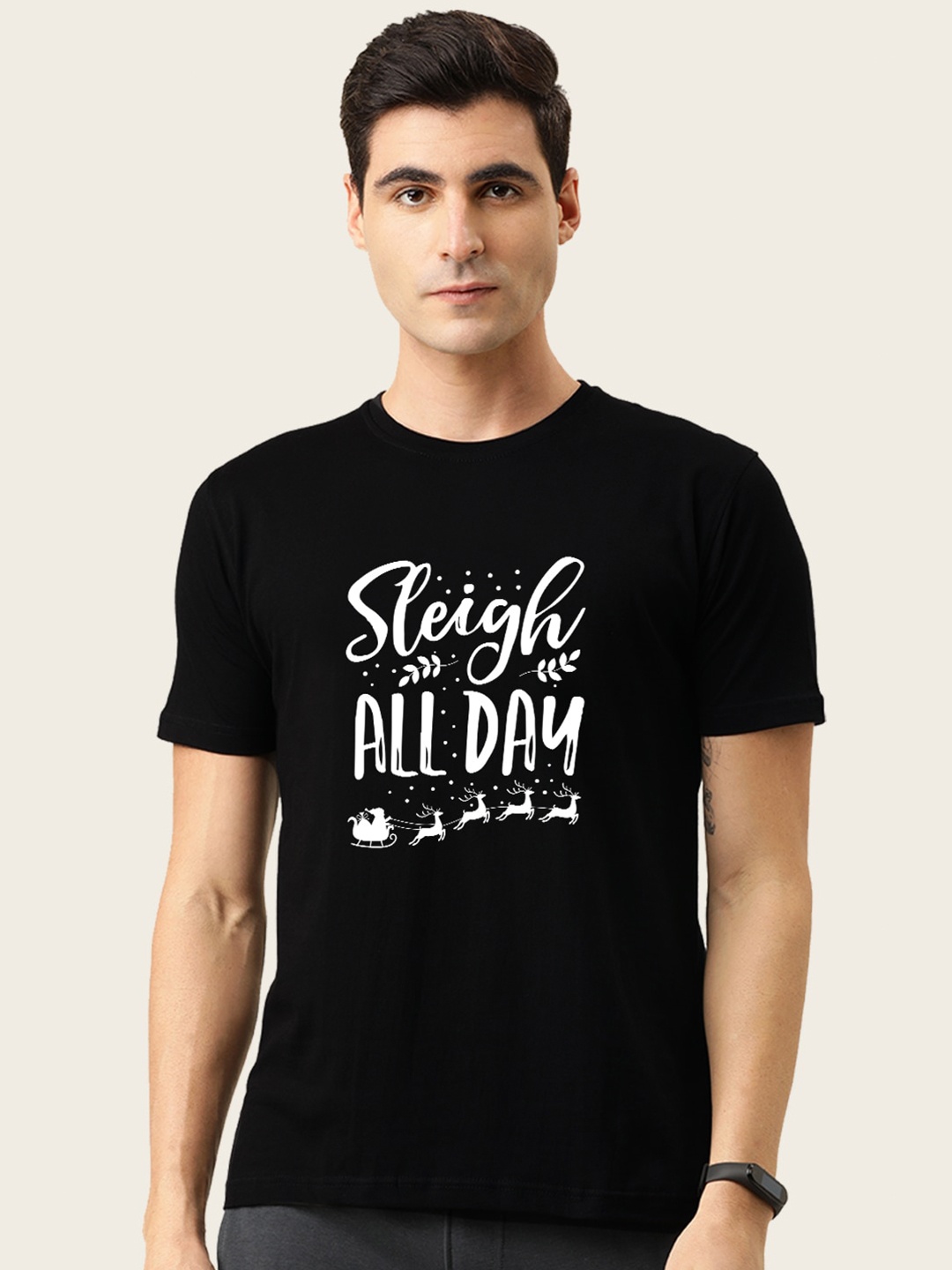 

BE AWARA Men Black Typography Printed Applique T-shirt