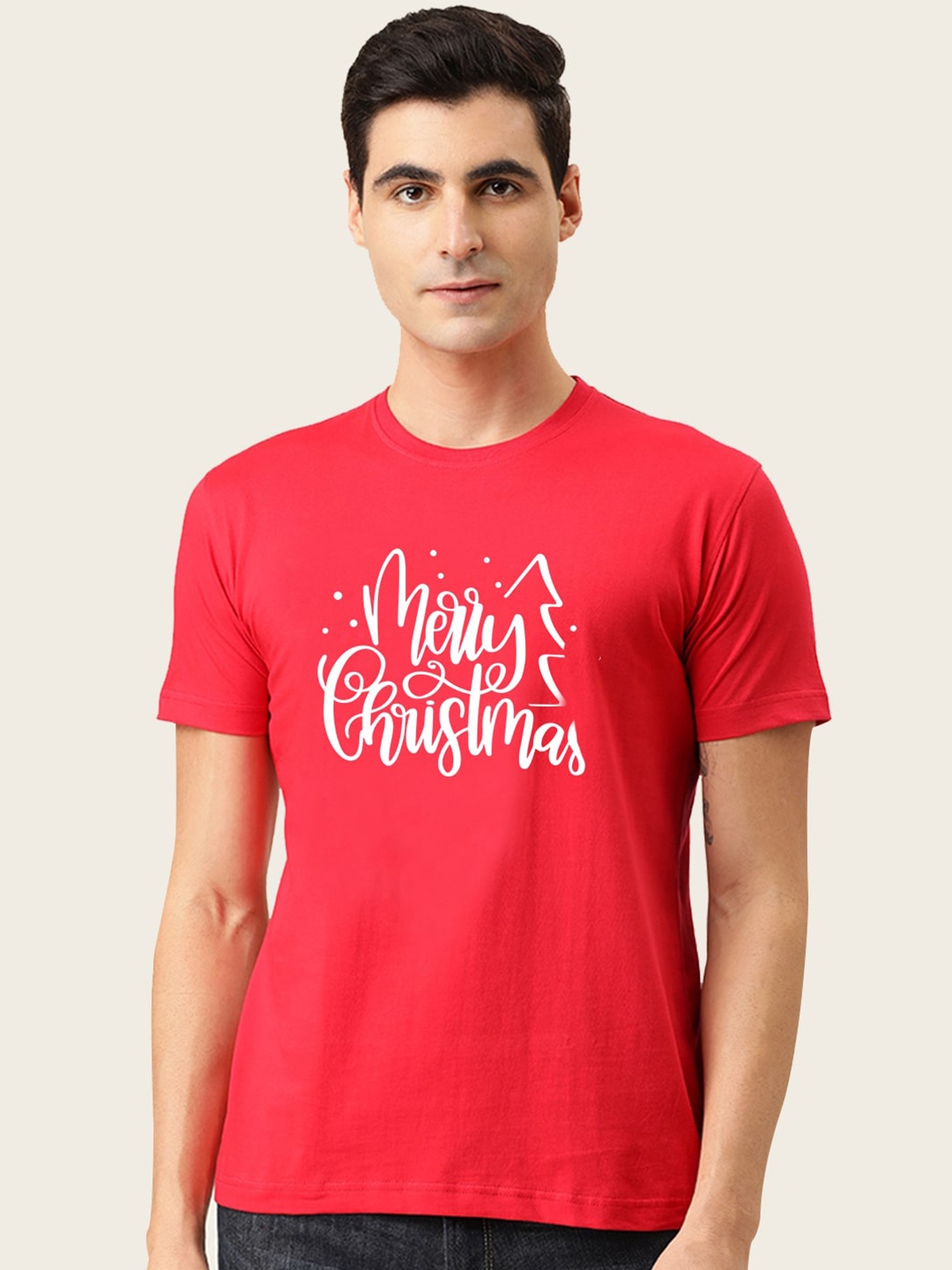

BE AWARA Men Red Merry Christmas Printed Applique T-shirt