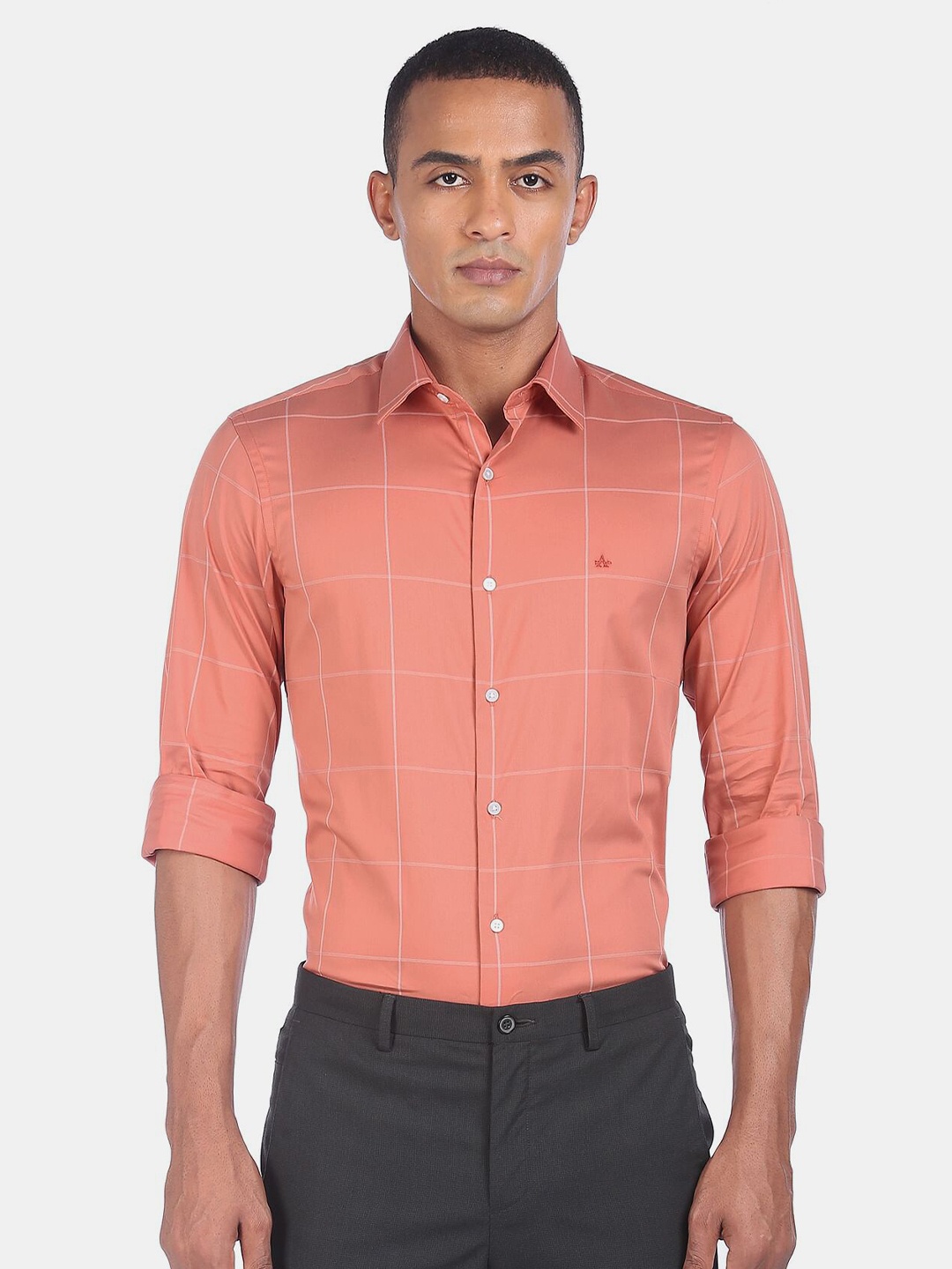 

Arrow New York Men Orange Slim Fit Windowpane Checked Formal Shirt