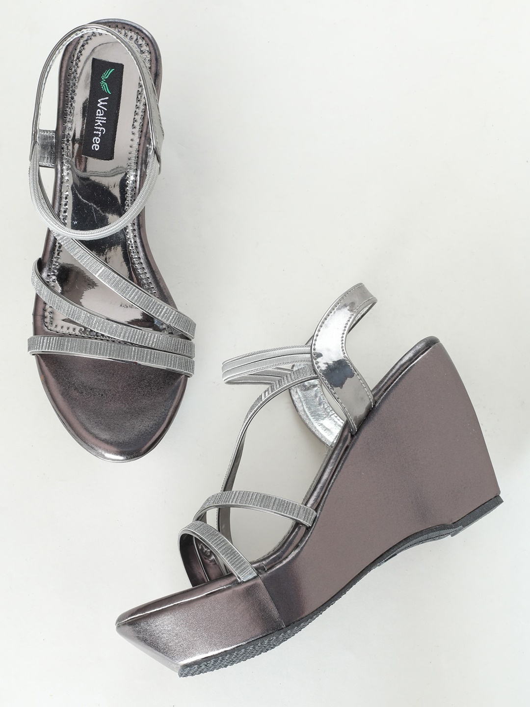 

Walkfree Silver-Toned Colourblocked Suede Wedge Sandals with Buckles