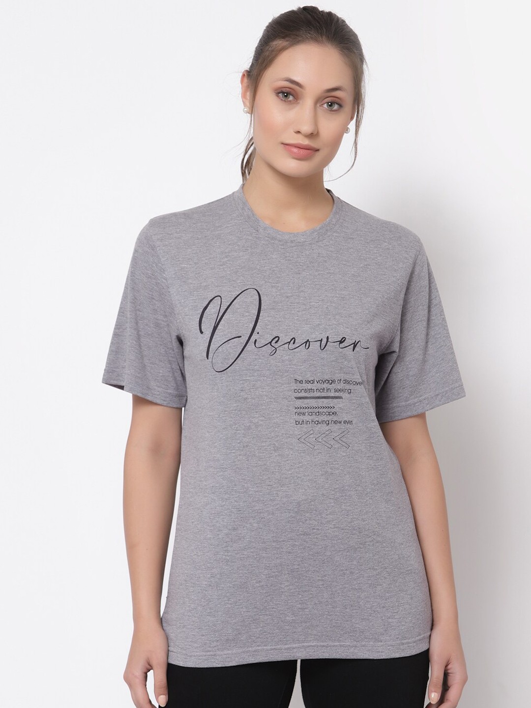 

The Roadster Lifestyle Co Women Grey Melange Typography Pure Cotton T-shirt