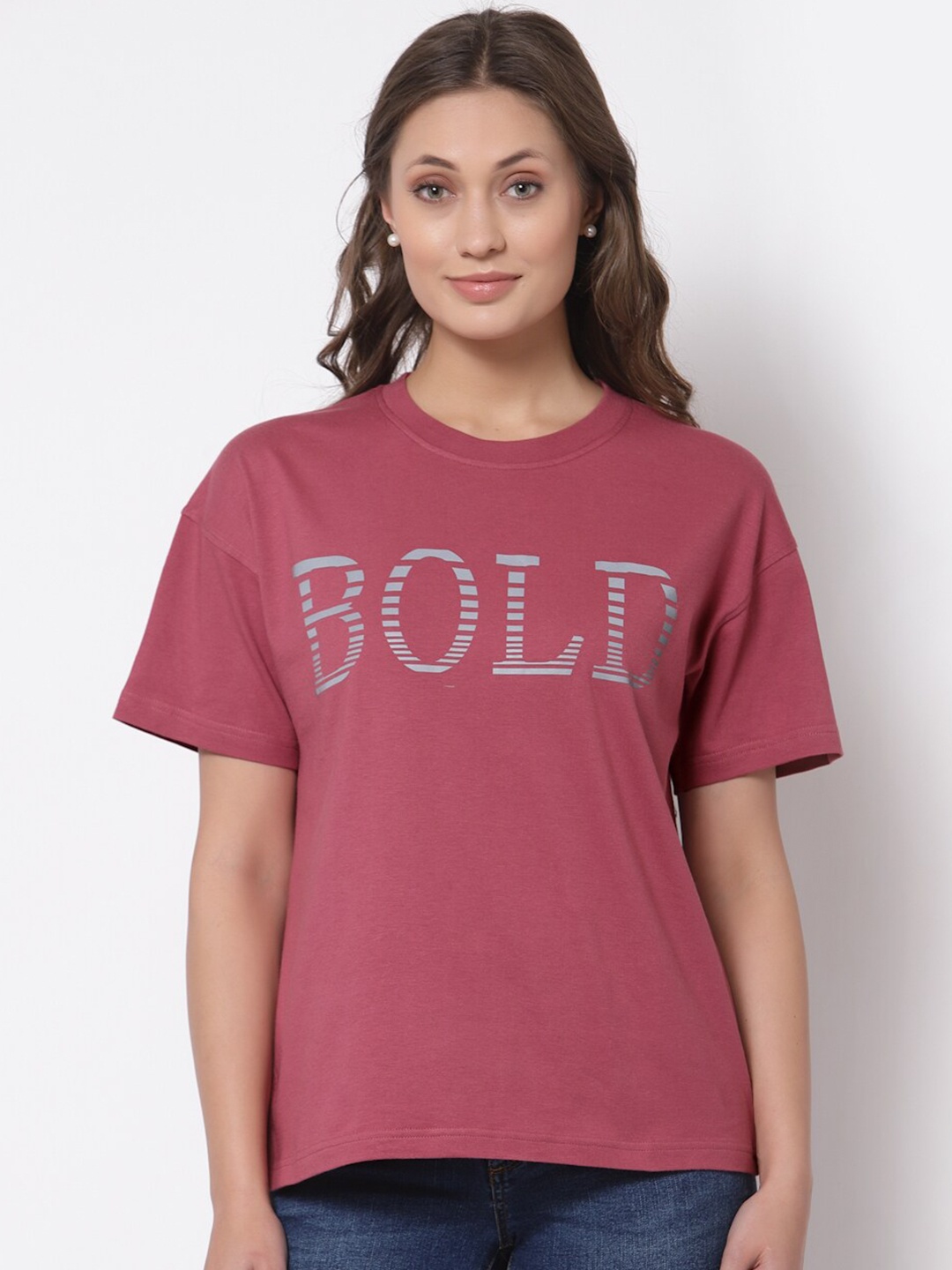 

The Roadster Lifestyle Co Women Red Drop-Shoulder Sleeves Pure Cotton Raw Edge Loose T-shirt