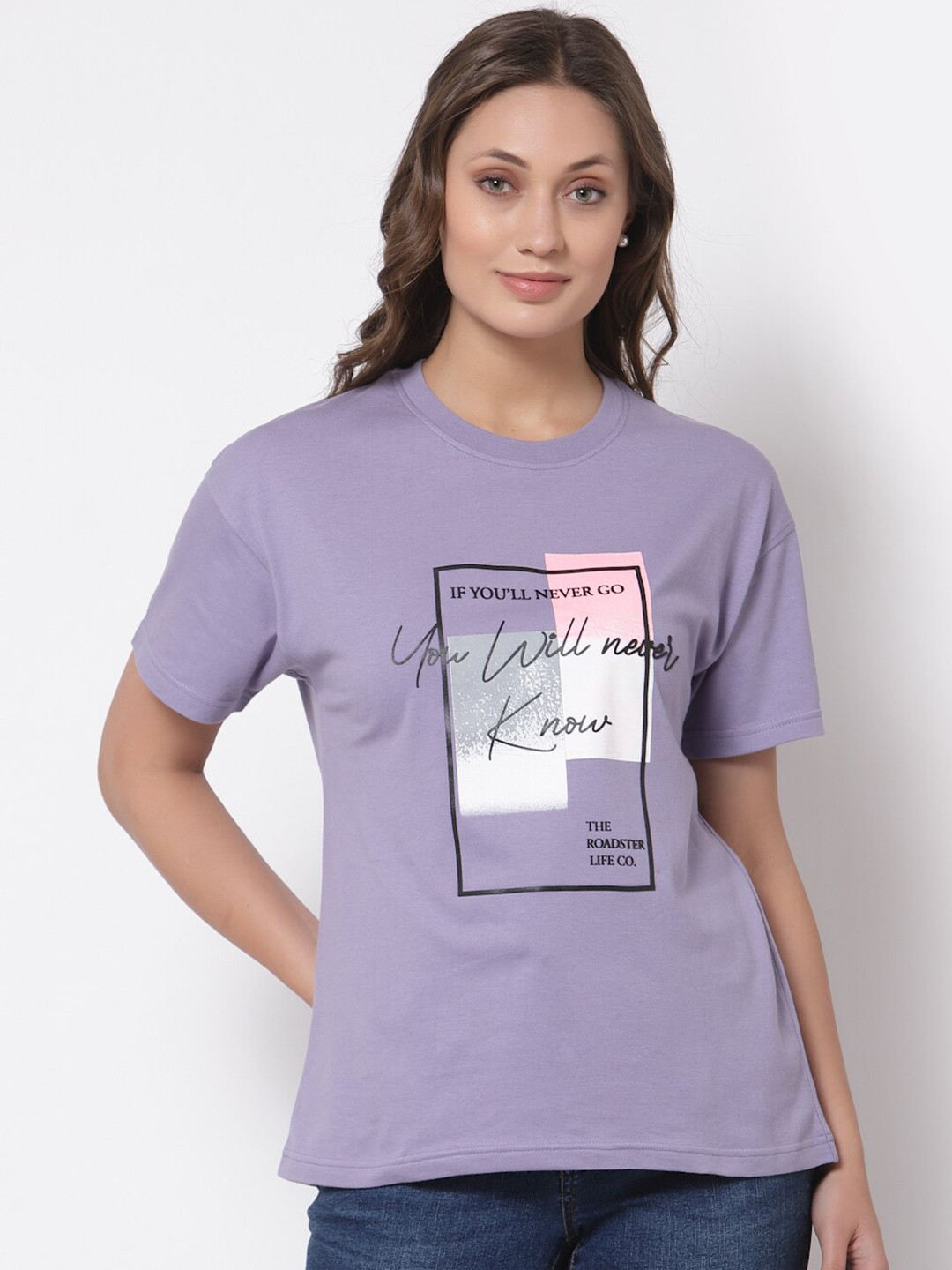 

The Roadster Lifestyle Co Women Purple Printed Pure Cotton Loose T-shirt