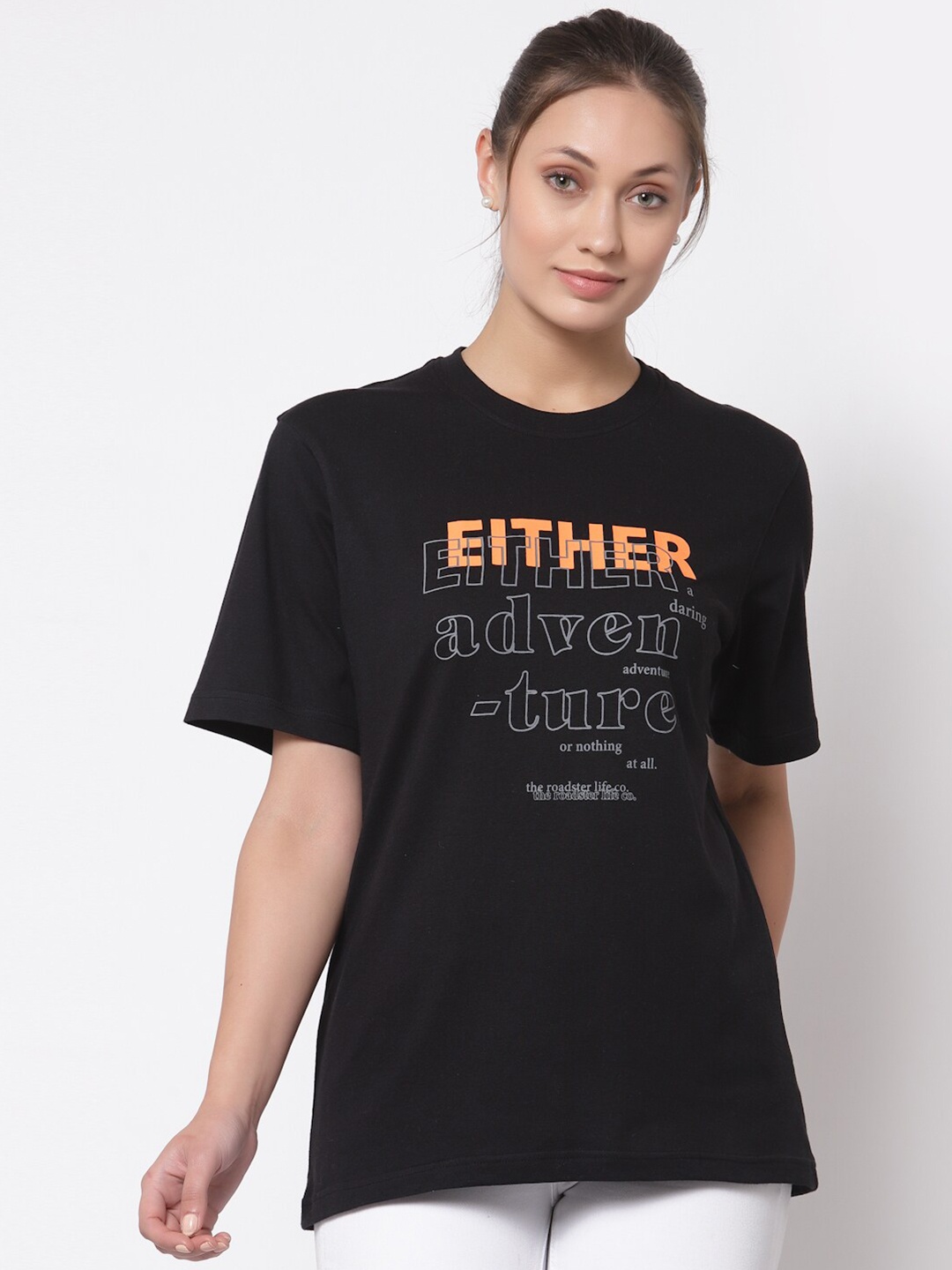 

The Roadster Lifestyle Co Women Black Typography Printed Pure Cotton T-shirt