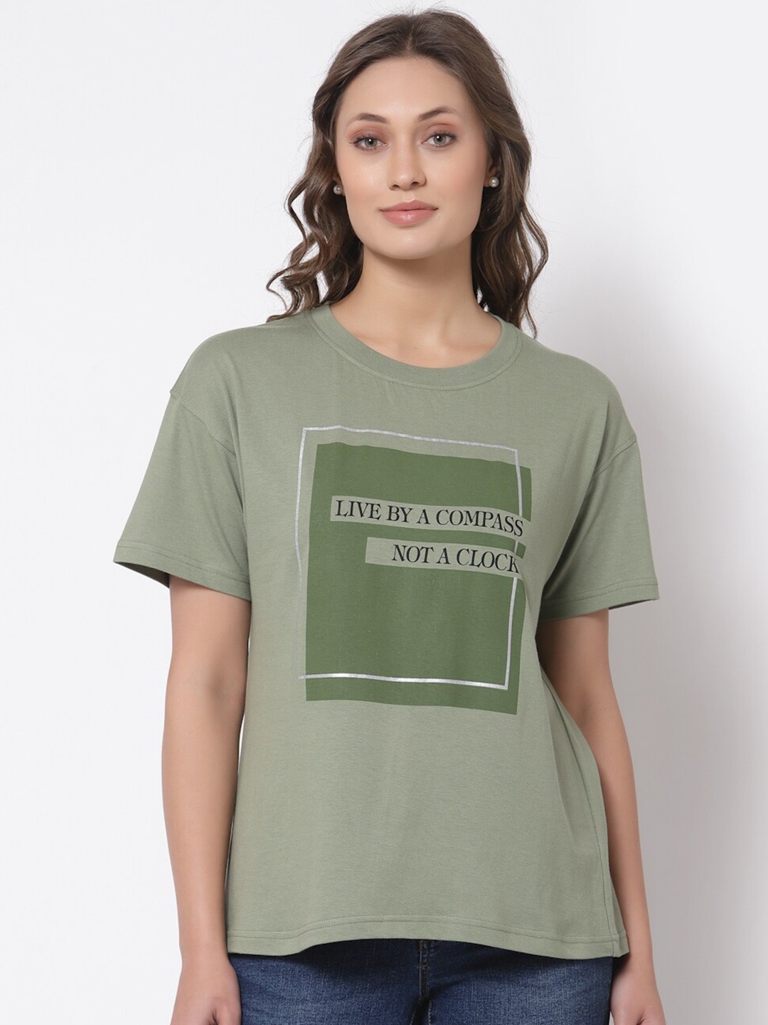 

The Roadster Lifestyle Co Women Green Typography Printed Pure Cotton Loose T-shirt