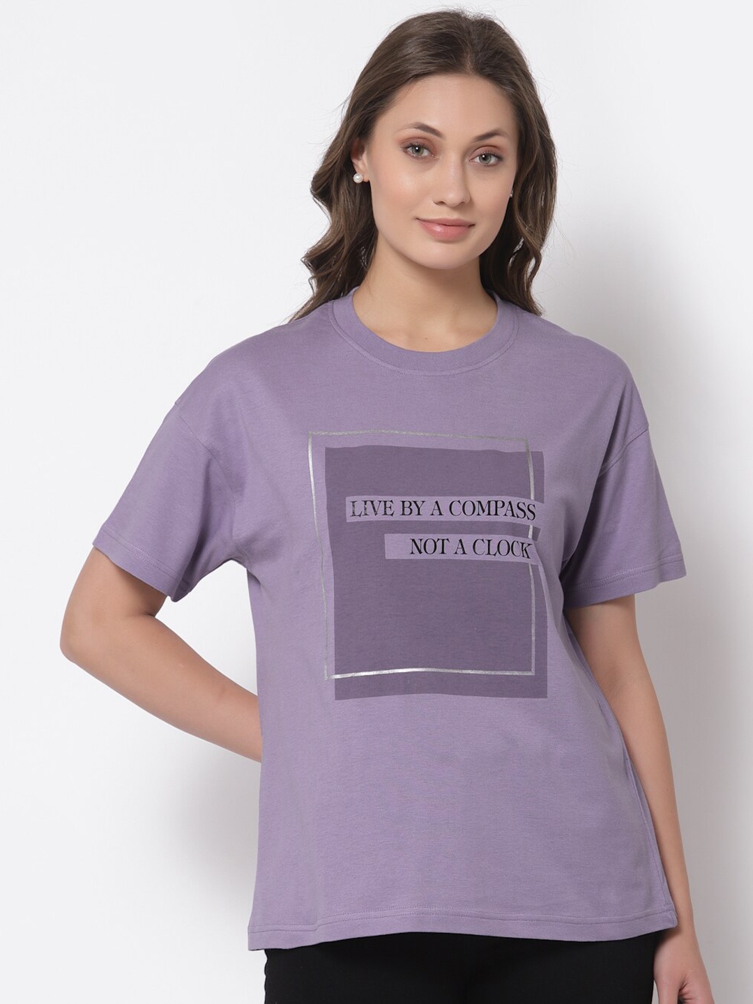 

The Roadster Lifestyle Co Women Purple Typography Printed Pure Cotton Loose T-shirt