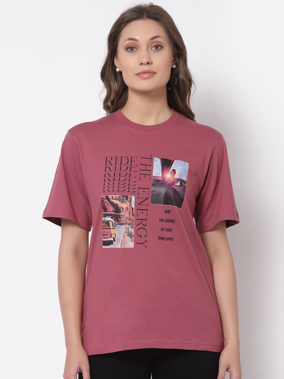 

The Roadster Lifestyle Co Woman Red Typography Printed Pure Cotton T-shirt