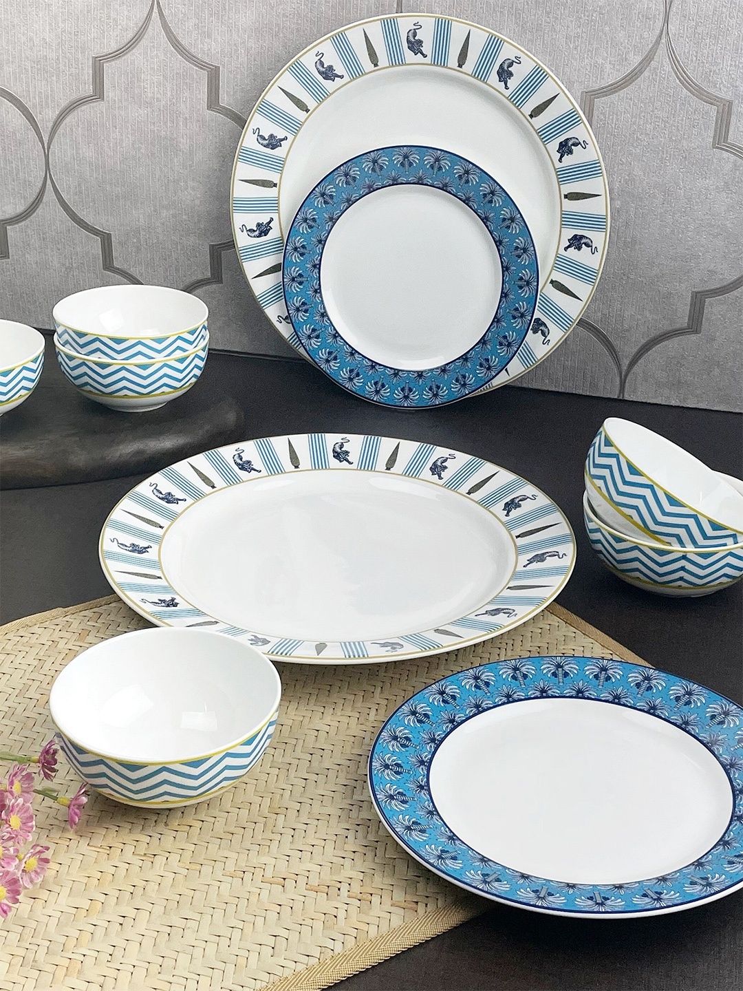 

India Circus Set of 18 White & Blue Pieces Floral Printed Ceramic Glossy Dinner Set