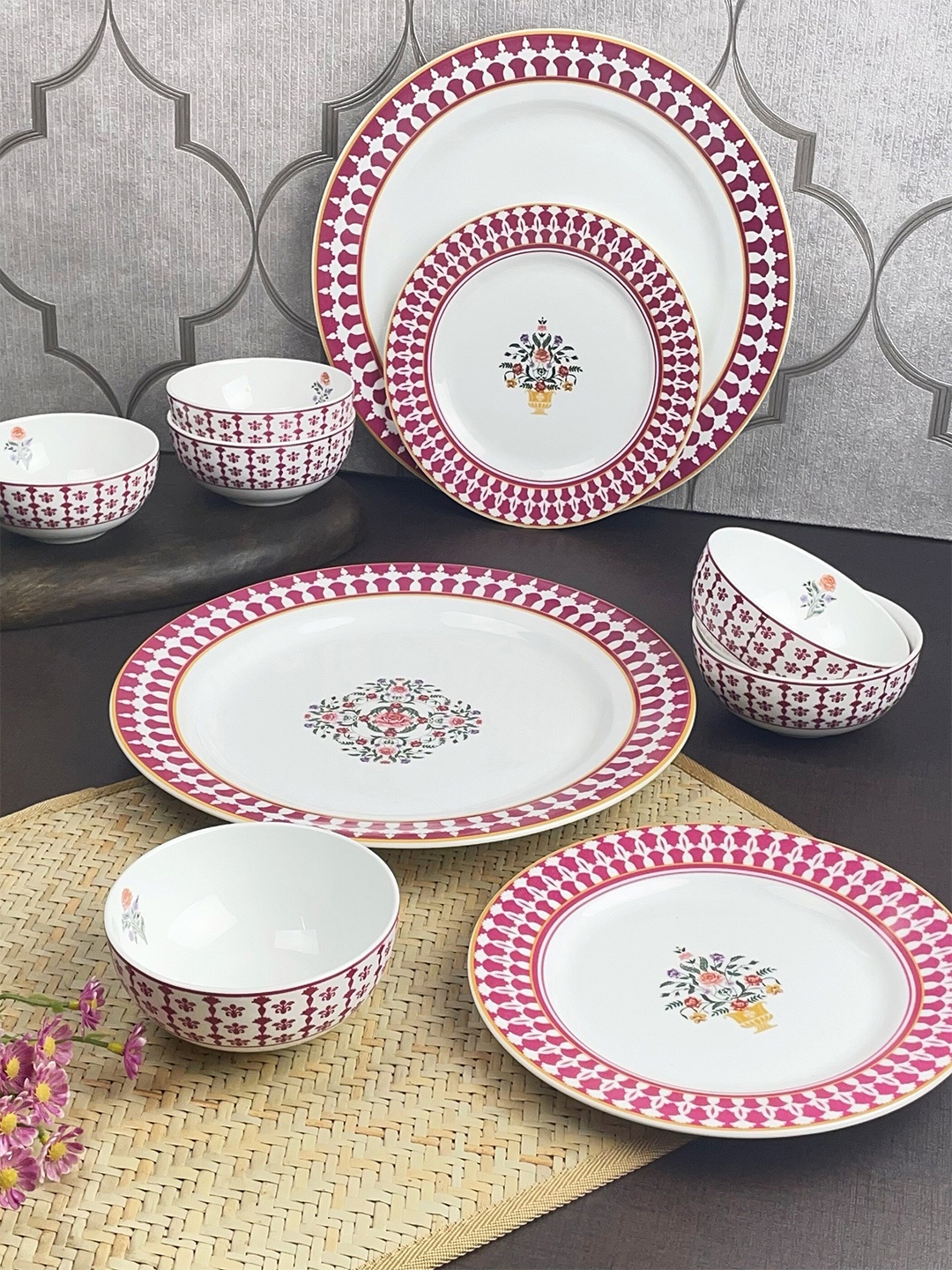 

India Circus Pink & White 18 Pieces Ethnic Motifs Printed Ceramic Glossy Dinner Set