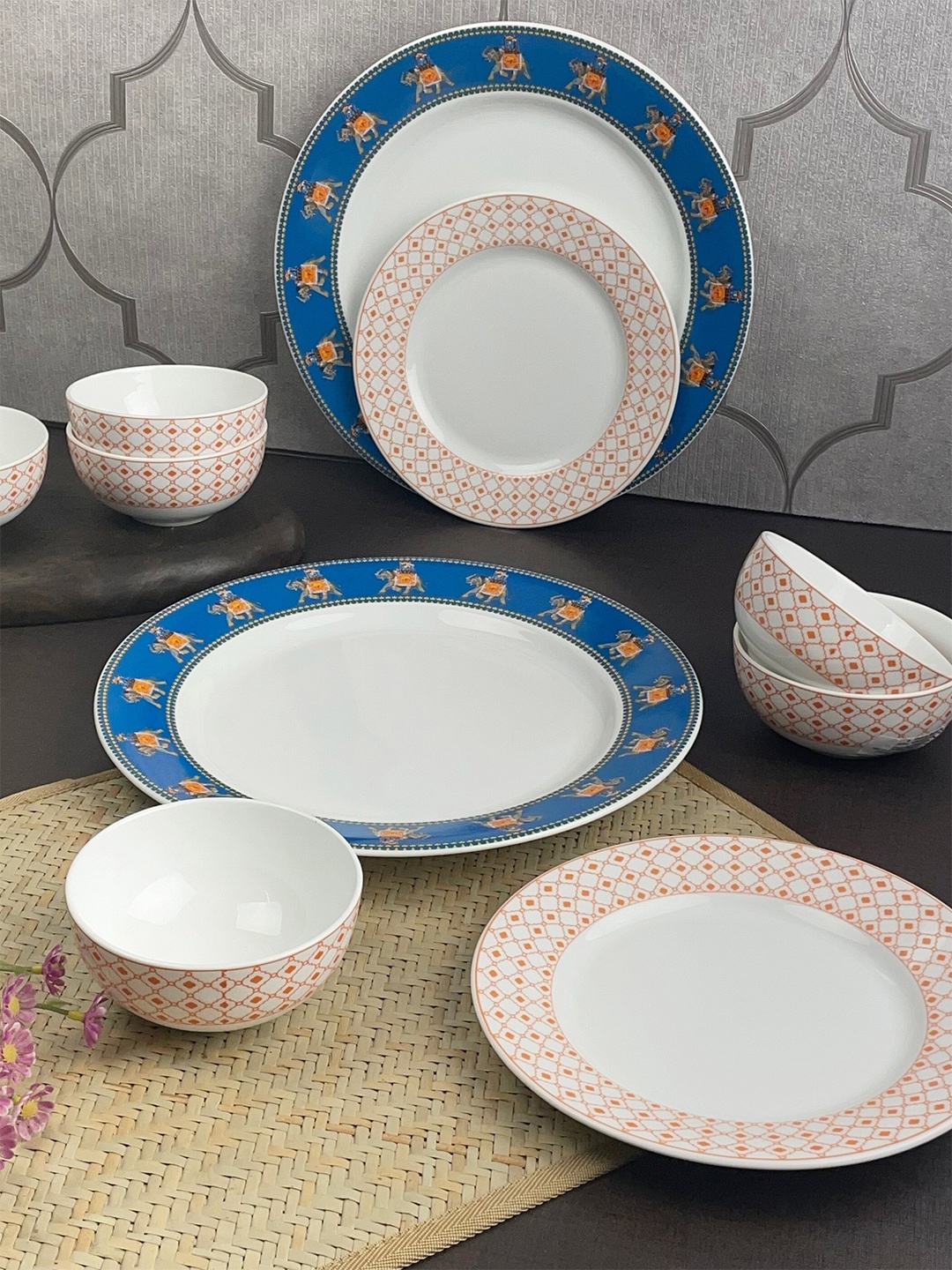

India Circus Blue & White 18 Pieces Ethnic Motifs Printed Ceramic Glossy Dinner Set