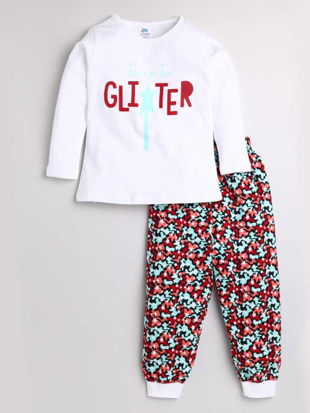 

Dear to Dad Girls White & Red Printed Cotton Night suit