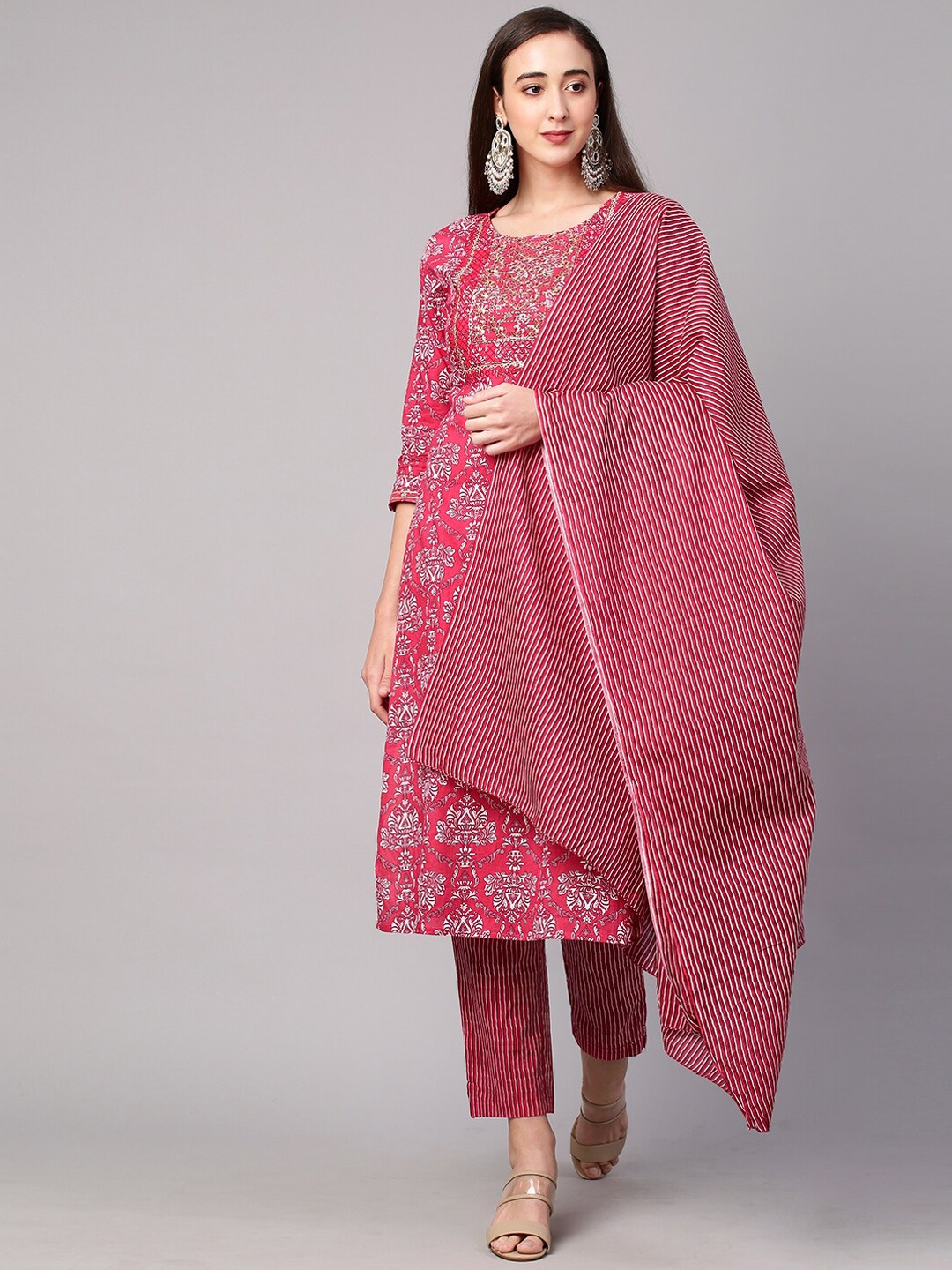 

FASHOR Women Pink & White Floral Printed Pure Cotton Kurta with Trousers & Dupatta