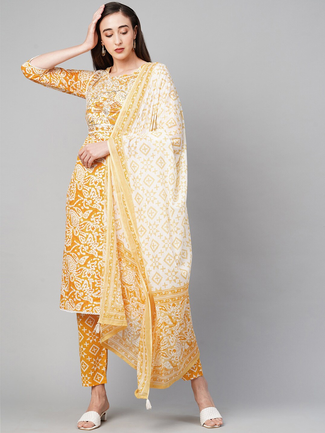 

FASHOR Women Mustard Yellow Paisley Printed Pure Cotton Kurta with Trousers & With Dupatta