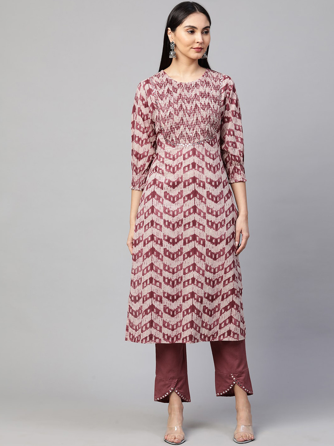 

FASHOR Women Pink Embroidered Mirror Work Pure Cotton Kurta with Trousers