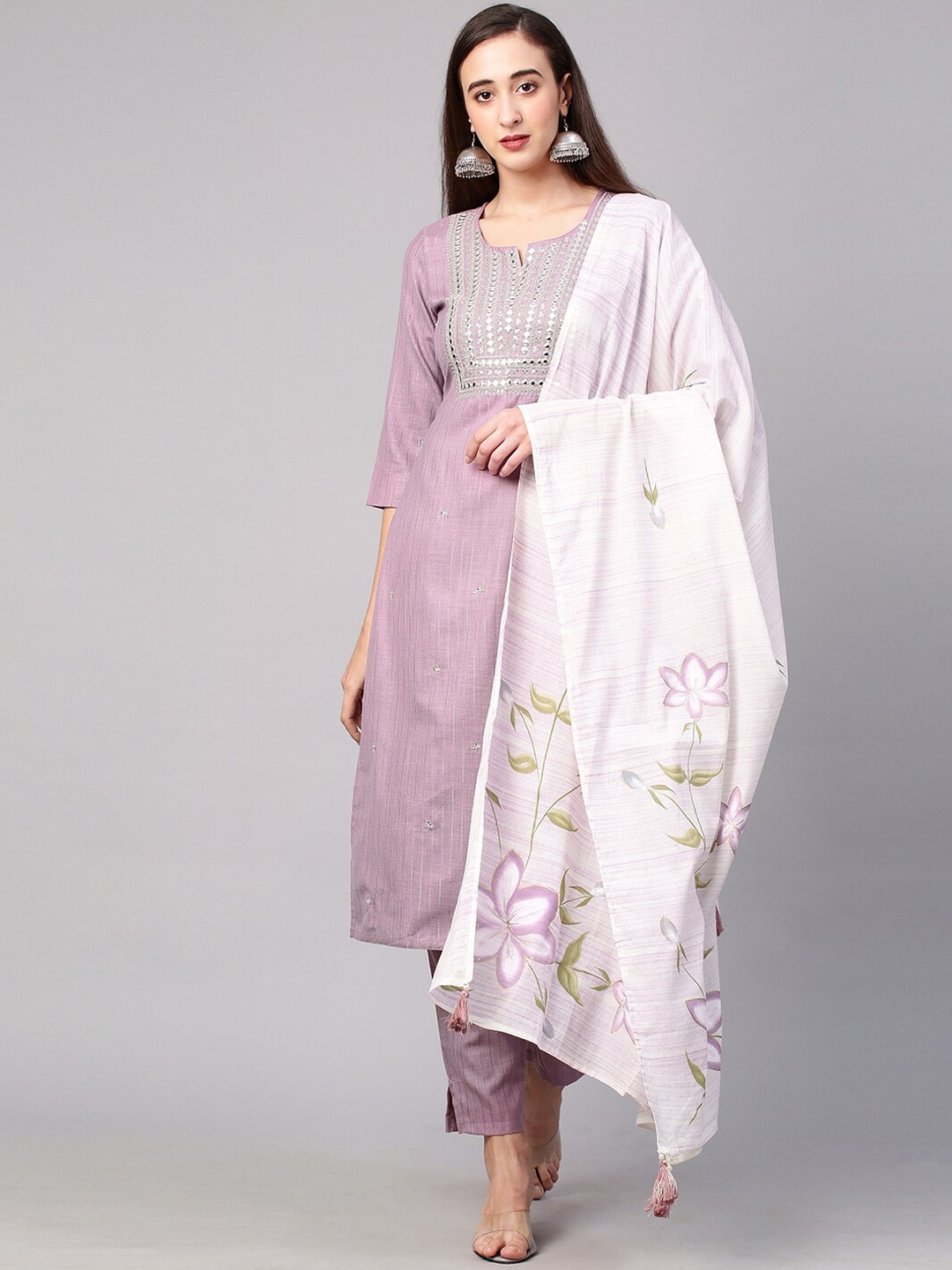 

FASHOR Women Purple Embroidered Mirror Work Kurta with Trousers & With Dupatta