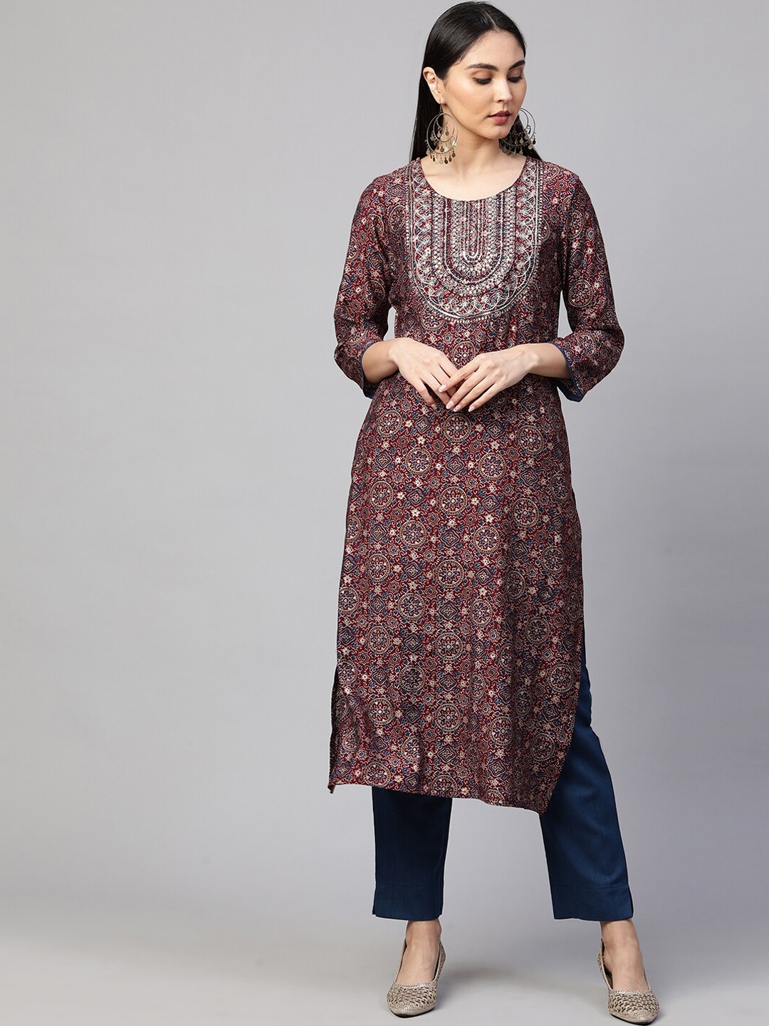 

FASHOR Women Maroon & Blue Ajrakh Printed Kurta with Trousers & Dupatta