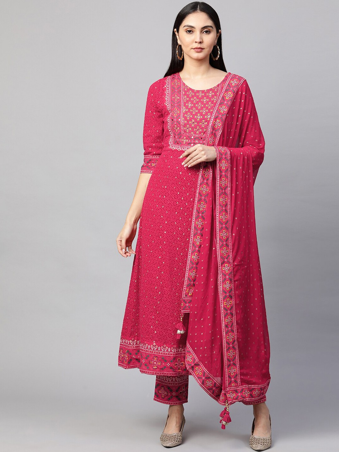 

FASHOR Women Pink Floral Printed Kurta with Trousers & Dupatta