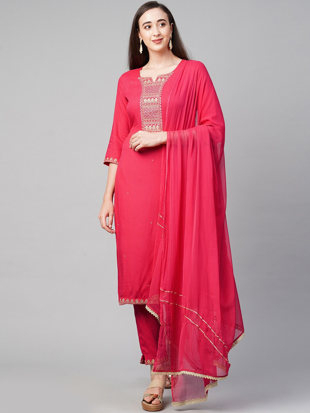 

FASHOR Women Magenta Yoke Design Kurta With Trousers & Dupatta