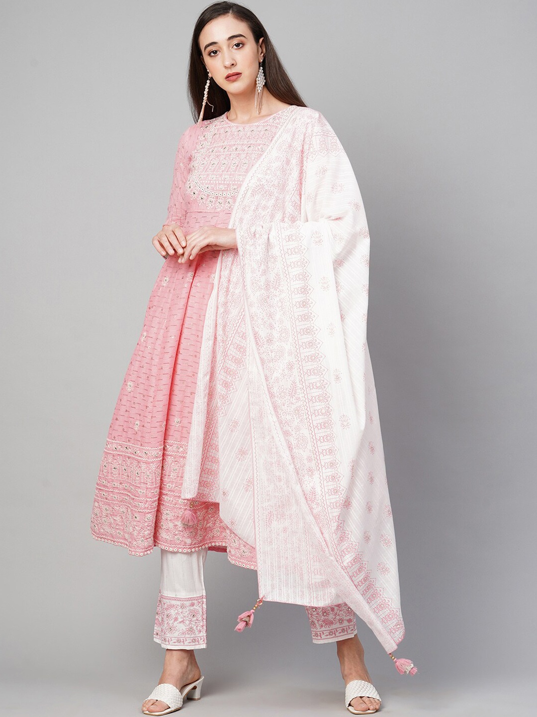 

FASHOR Women Pink & White Ethnic Motifs Embroidered Kurta with Trousers & Dupatta
