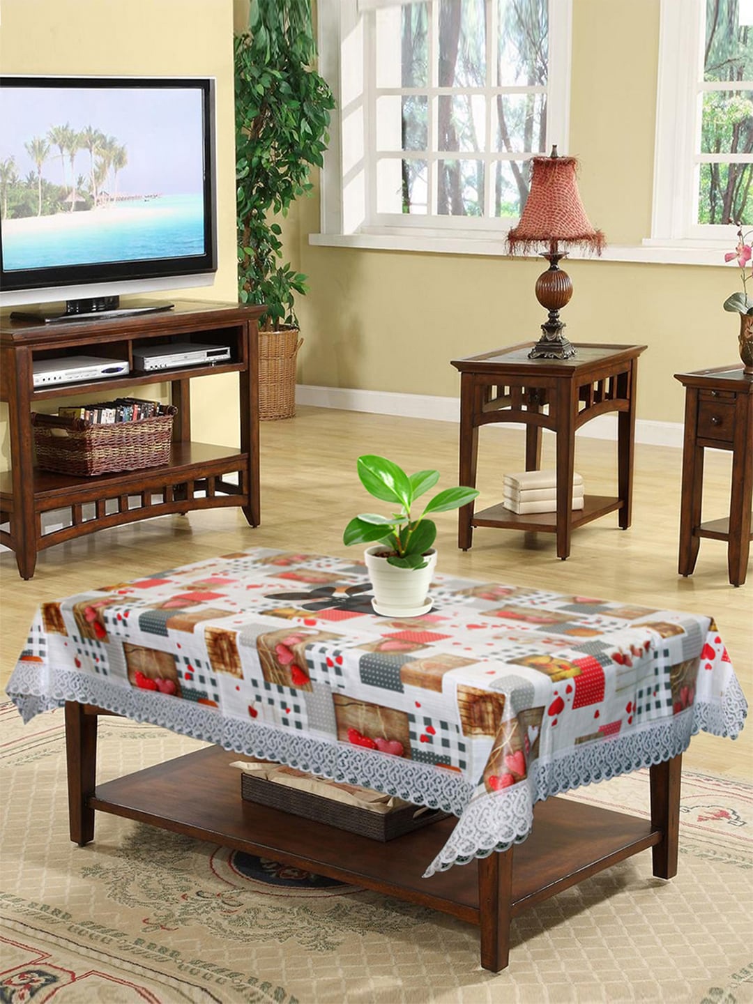 

Kuber Industries White & Red Printed 4-Seater Table Cover