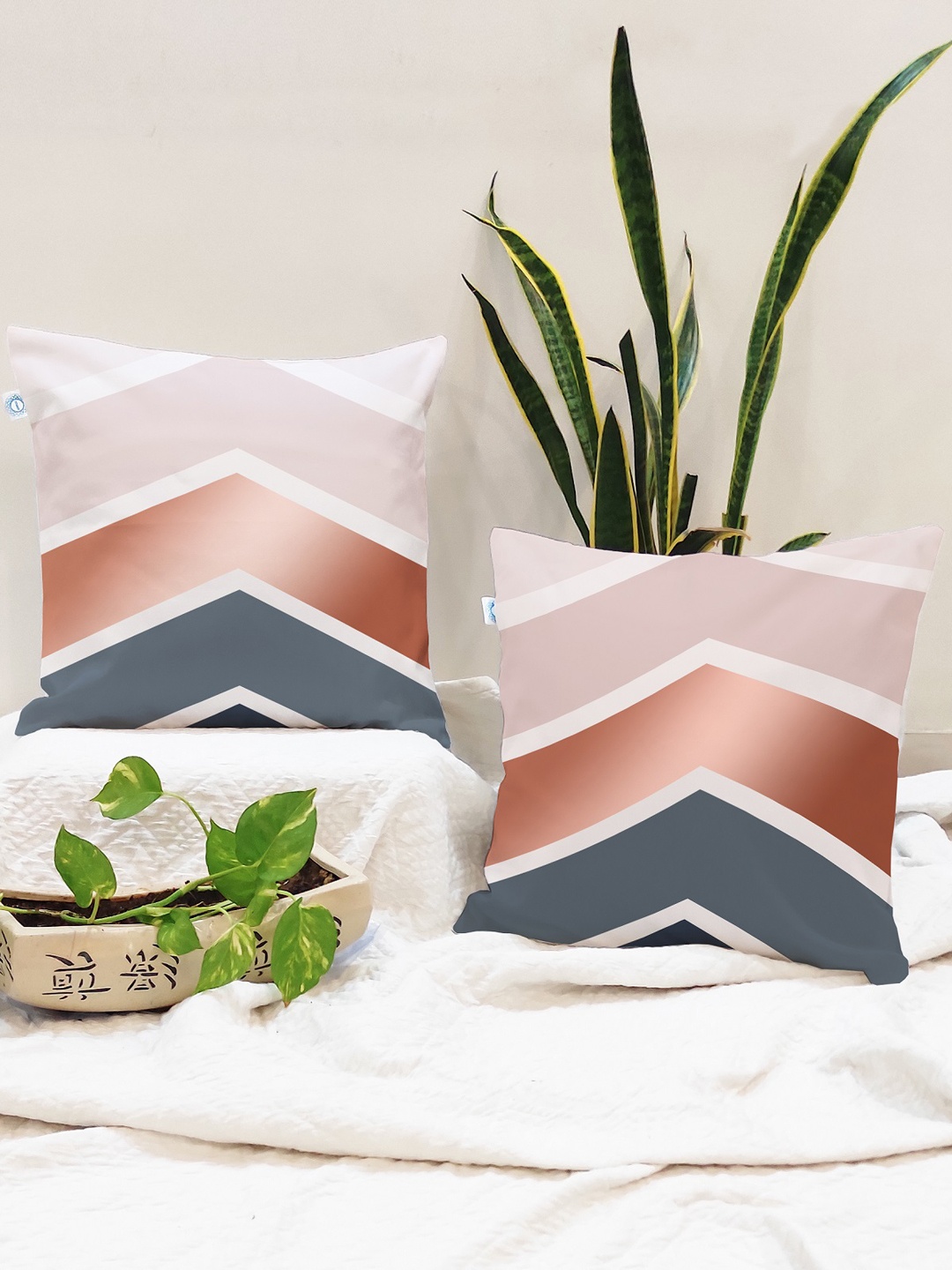 

STITCHNEST Blue & Brown Set of 2 Geometric Square Cushion Covers