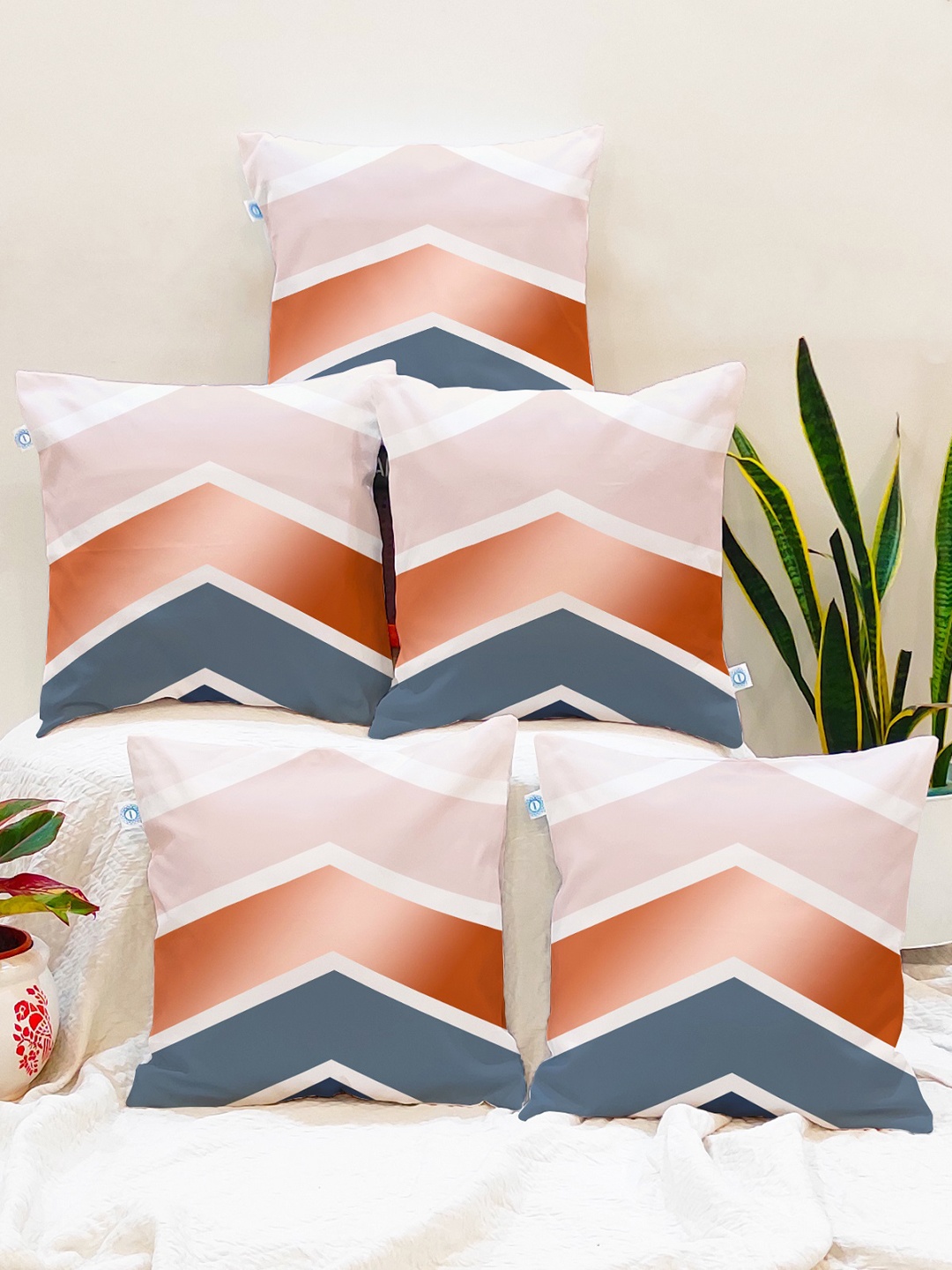 

STITCHNEST Pack Of 5 Blue & Orange Geometric Printed Square Cushion Covers
