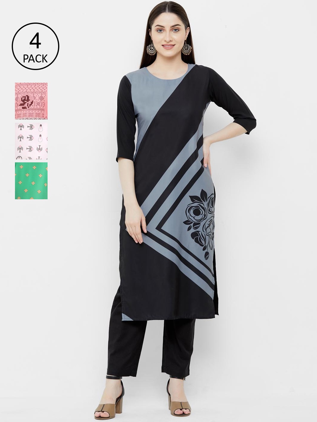 

Ethnic basket Women Black, Green & Pink Pack Of 4 Printed Colourblocked Kurta