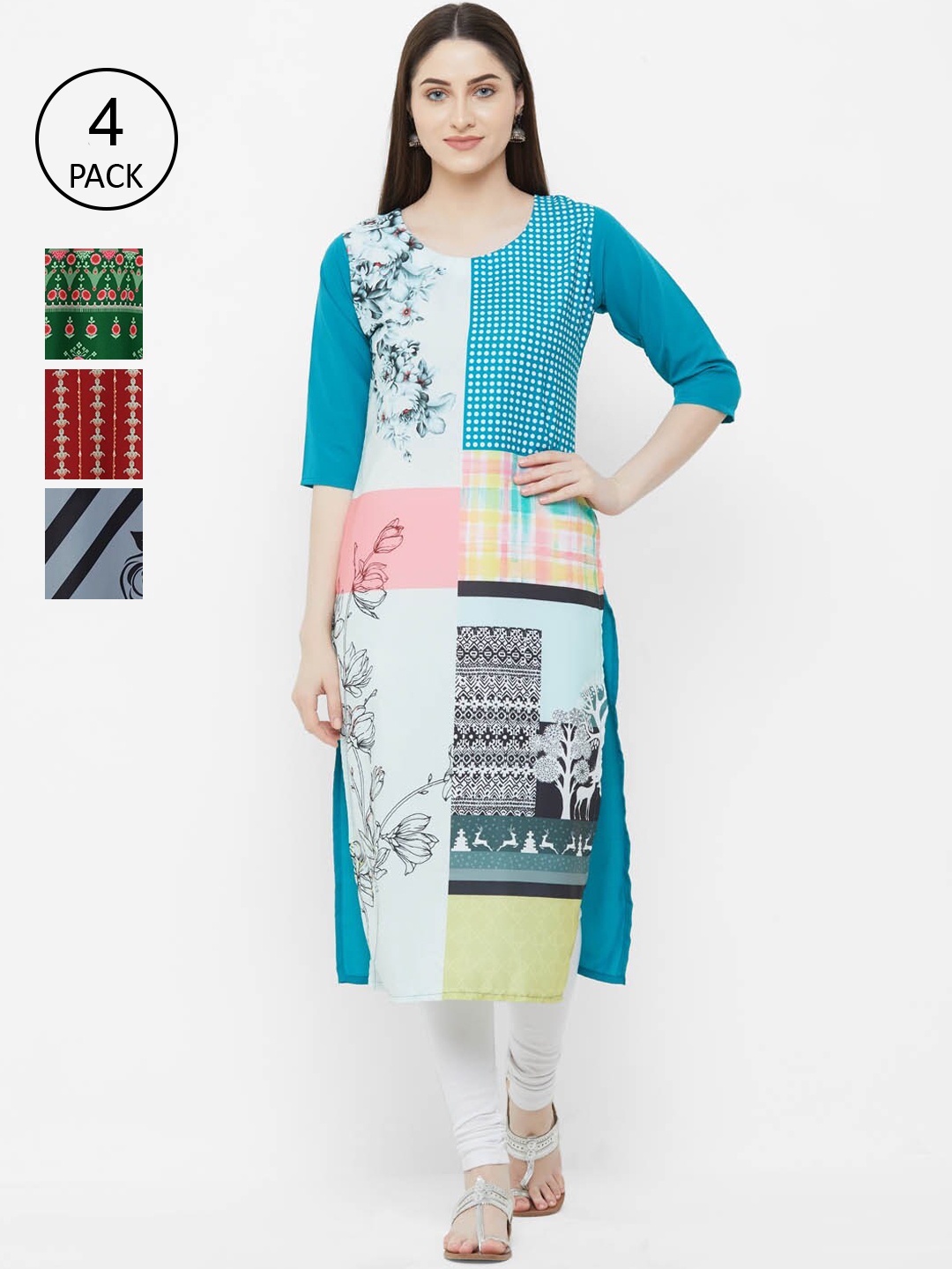 

Ethnic basket Women Pack of 4 Printed Crepe Kurtas, Blue