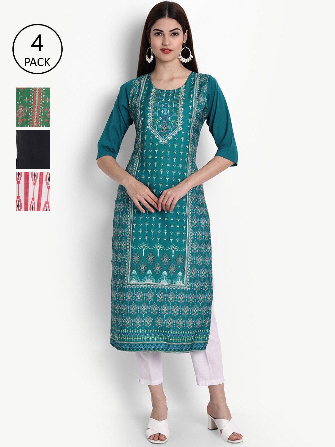 

Ethnic basket Women Blue & Green Ethnic Motifs Printed Block Print Crepe Kurta
