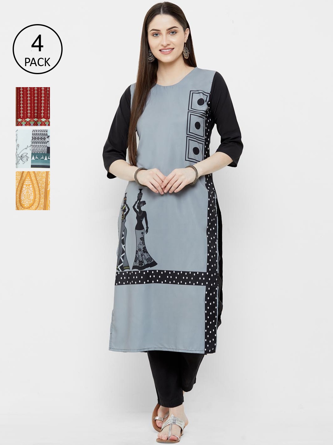 

Ethnic basket Women Pack of 4 Printed Crepe Kurtas, Grey