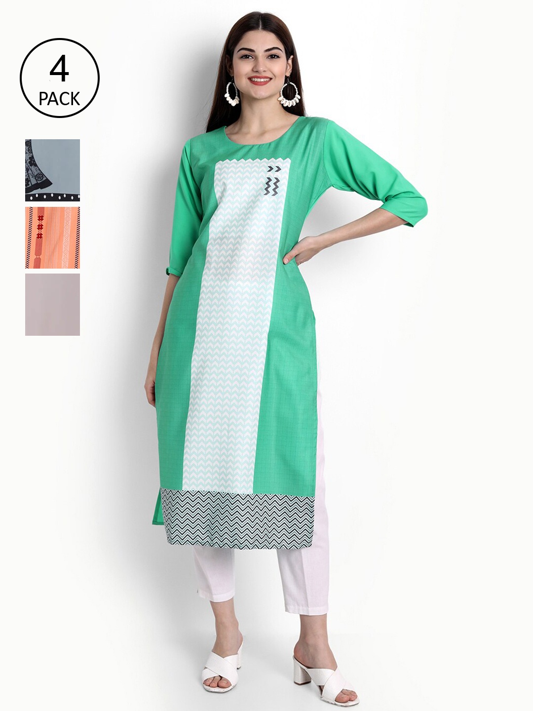 

Ethnic basket Women Pack Of 4 Printed Crepe Kurta, Green