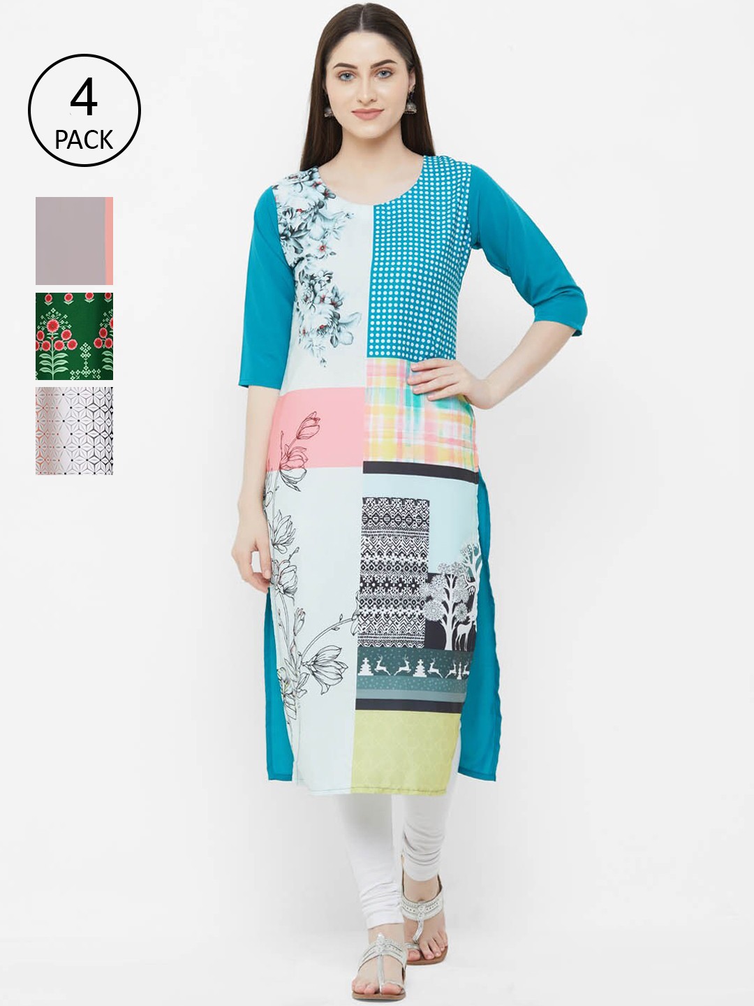 

Ethnic basket Women Women Pack Of 4 Multicoloured Block Printed Crepe Kurtas, Multi