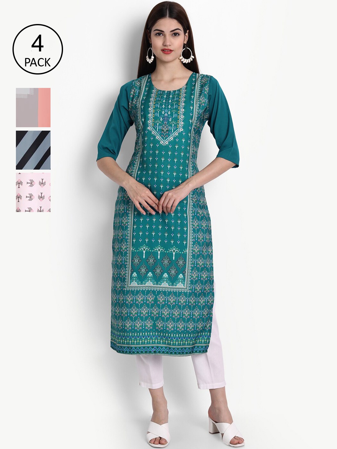 

Ethnic basket Women Pack Of 4 Printed Block Print Crepe Kurta, Green
