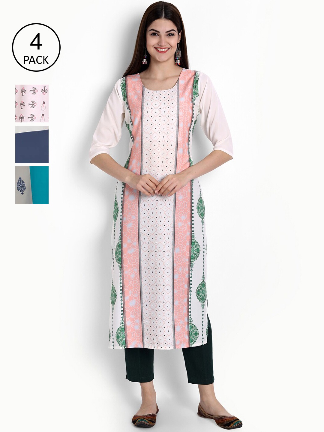 

Ethnic basket Women Pack Of 4 Printed Crepe Kurta, White