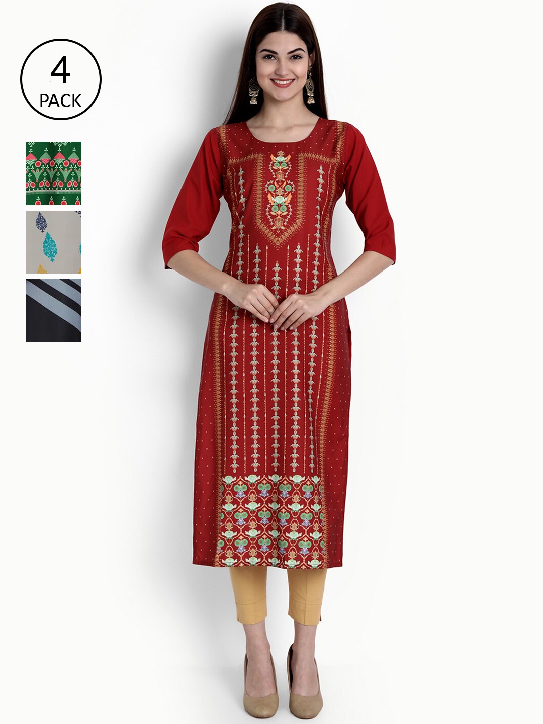 

Ethnic basket Women Pack Of 4 Multicoloured Printed Crepe Kurtas, Multi