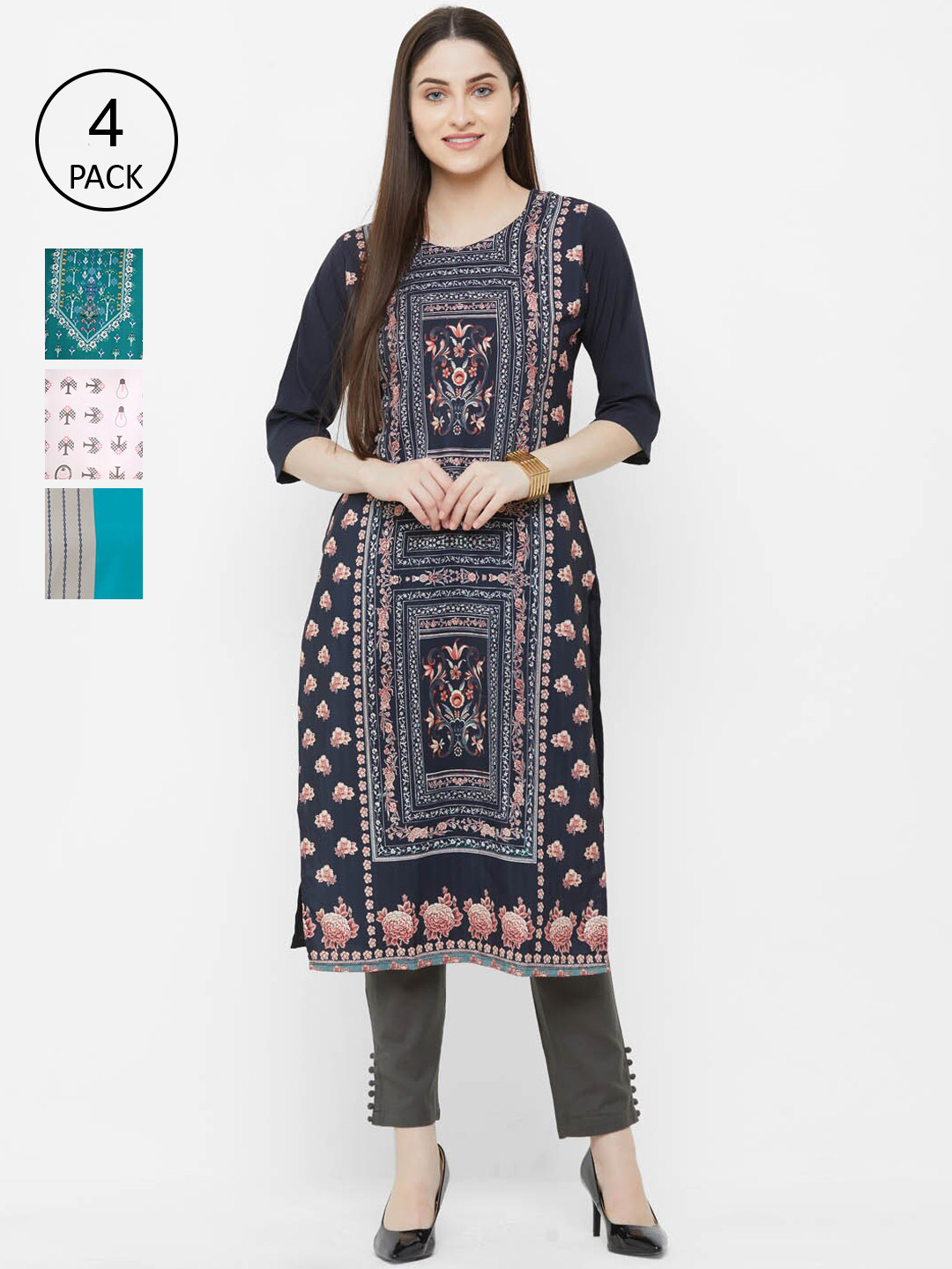 

Ethnic basket Woman Pack of 4 Multicoloured Colourblocked Crepe Kurta, Multi