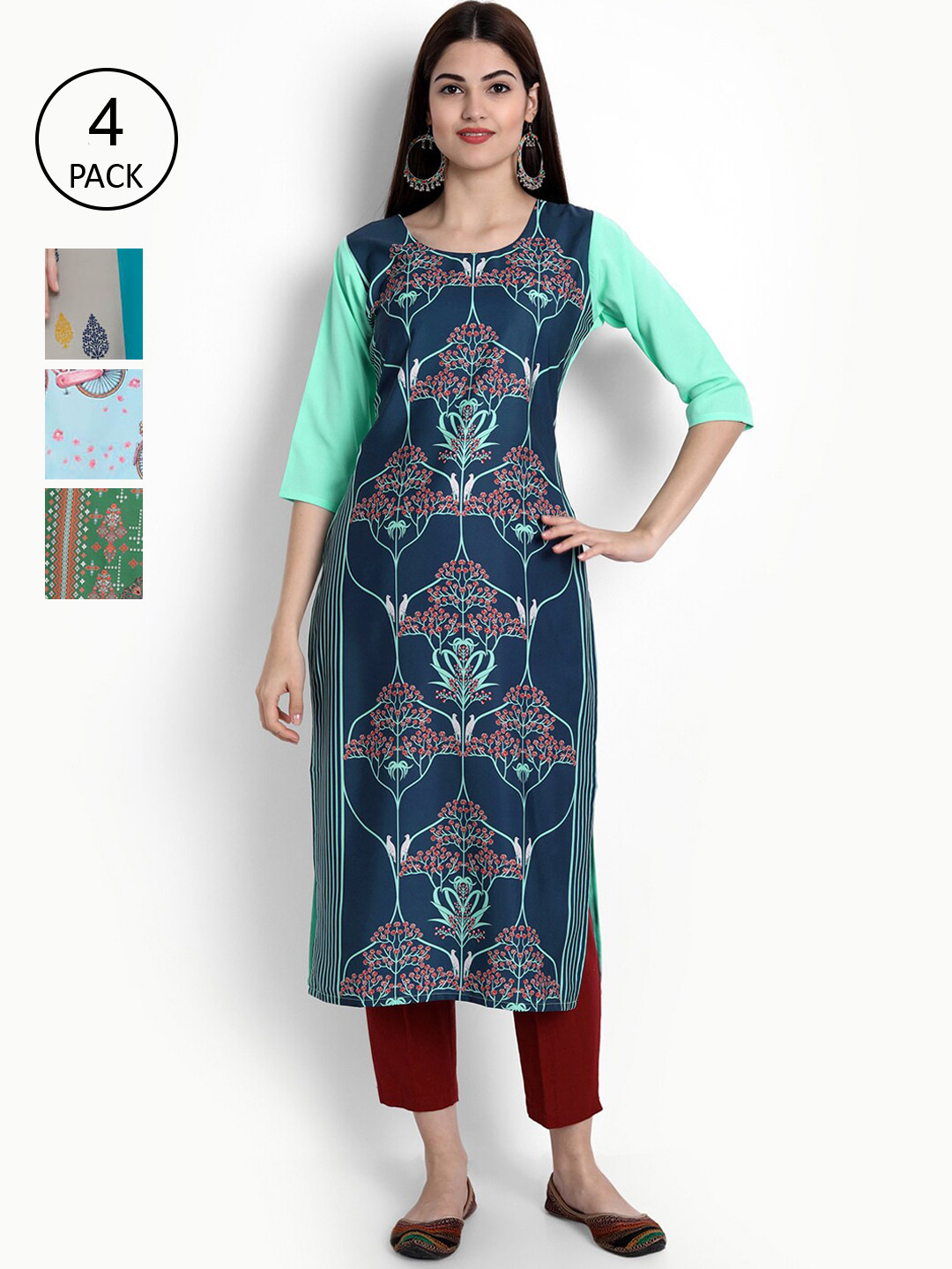 

Ethnic basket Women Pack of 4 Multicoloured Printed Crepe Straight Kurtas, Multi