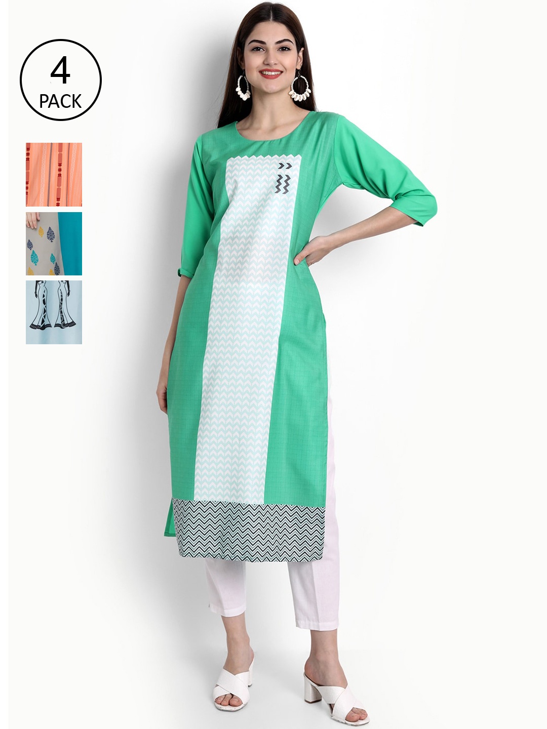 

Ethnic basket Women Pack of 4 Printed Crepe Kurtas, Coral