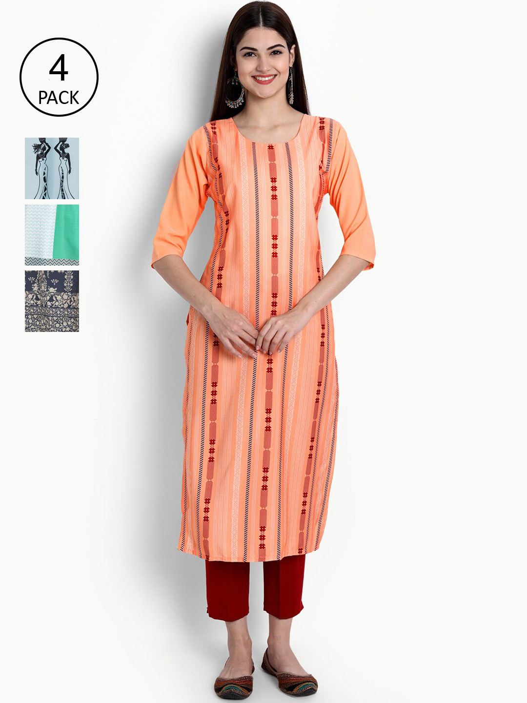 

Ethnic basket Women Pack Of 4 Multicoloured Printed Crepe Kurtas, Multi
