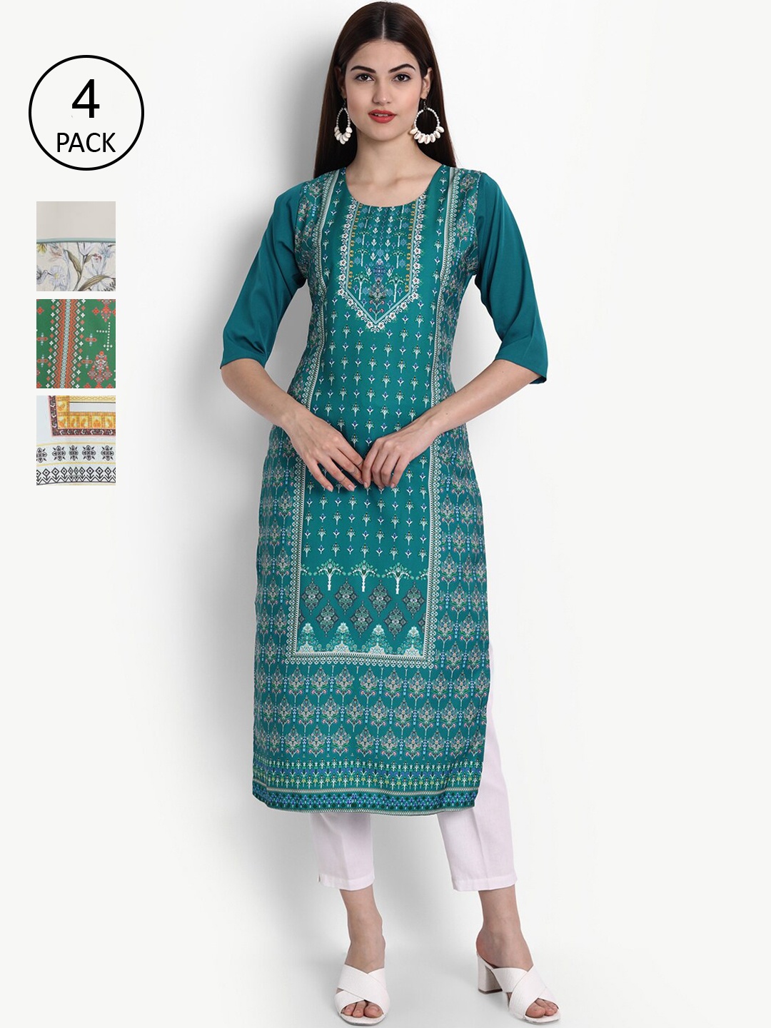 

Ethnic basket Women Green & White Pack of 4 Printed Crepe Kurta