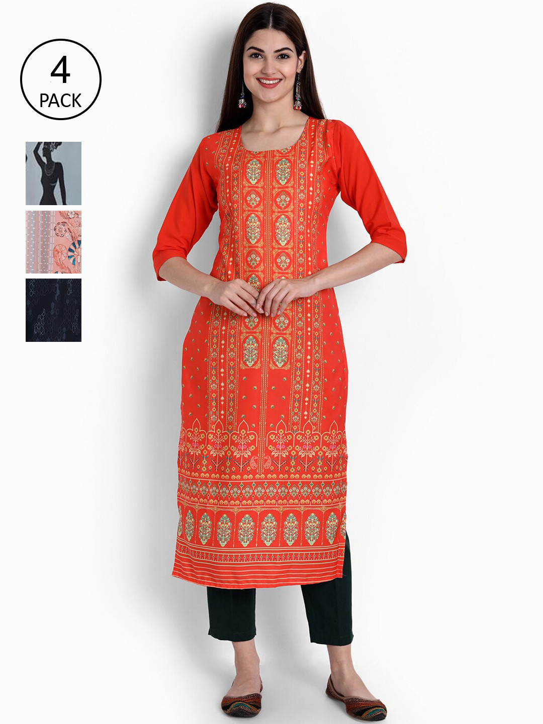 

Ethnic basket Women Orange & Black Ethnic Motifs Printed Block Print Crepe Kurta