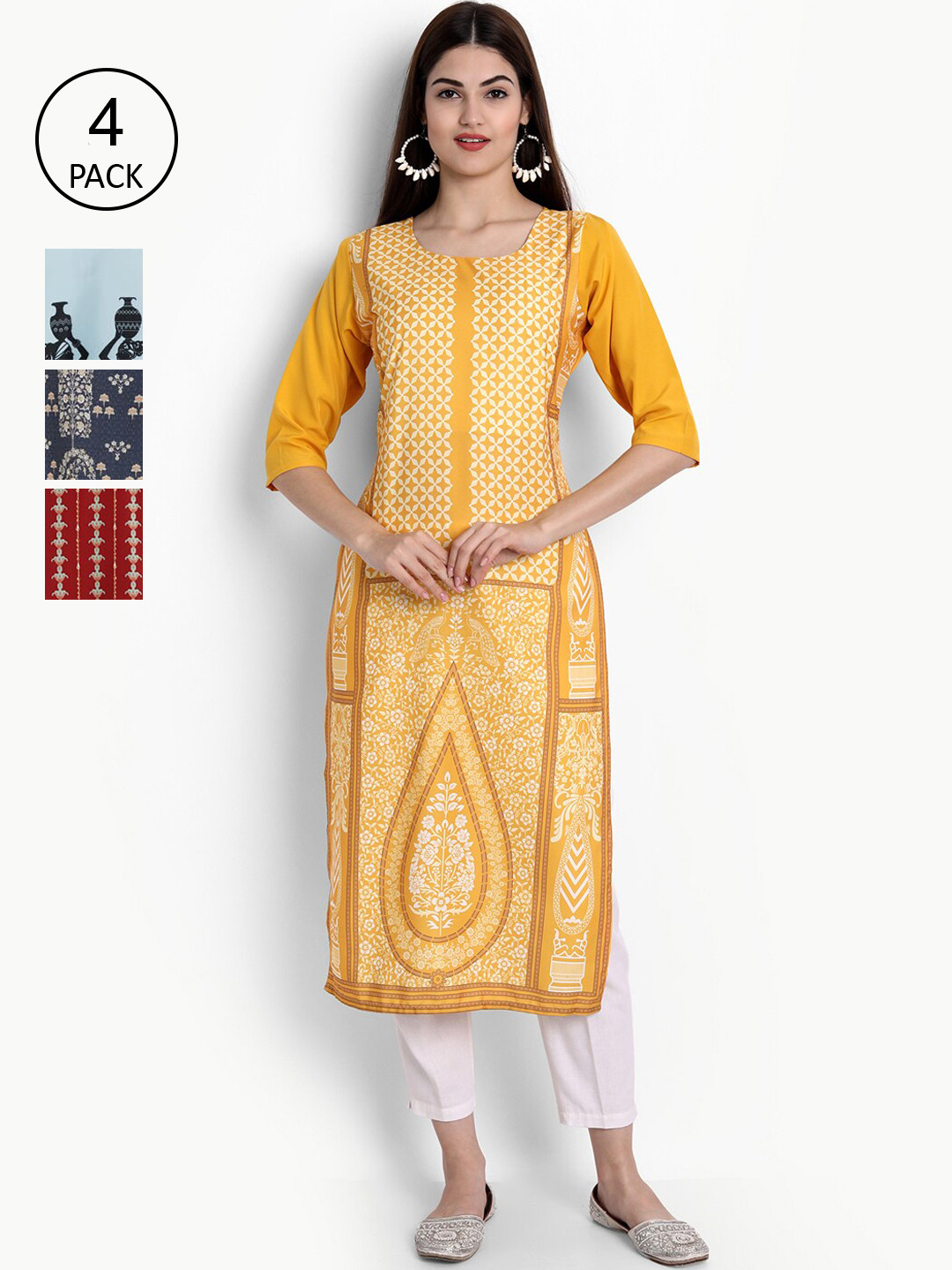 

Ethnic basket Women Pack Of 4 Printed Crepe Kurta, Yellow