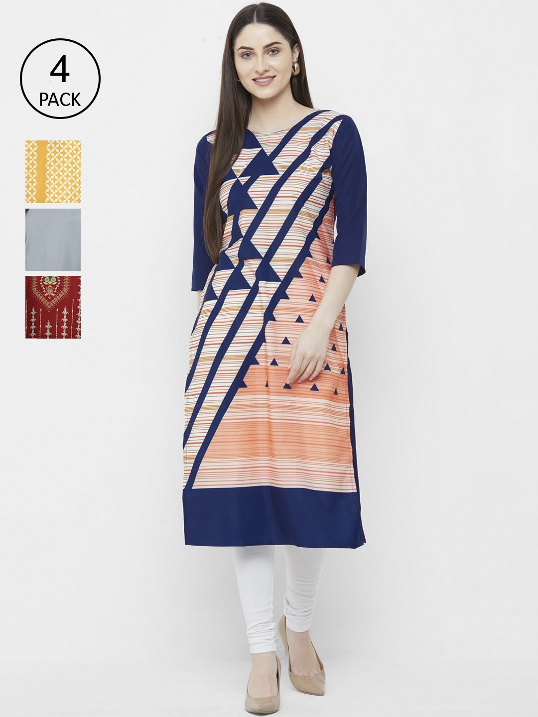 

Ethnic basket Women Pack of 4 Printed Crepe Kurtas, Navy blue